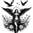 an image of the Celtic Goddess, the Morrigan. Surrounded by her associated flowers, weapons and multiple flying crows.  tattoo design idea