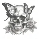 skull with butterfly emerging from eye and roses tattoo design idea