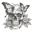 skull with butterfly emerging from eye and roses tattoo design idea