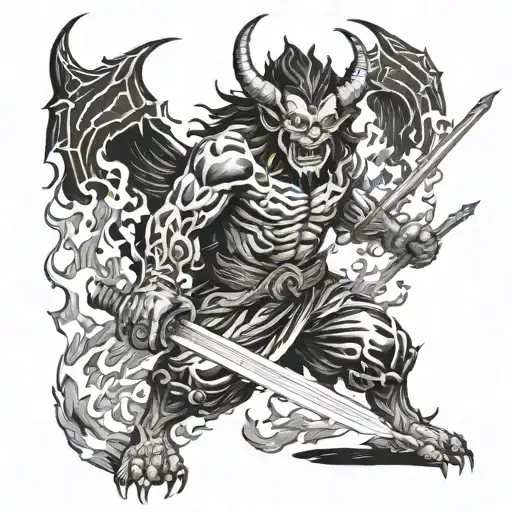 A Japanese demon wielding a blade surrounded by flames tattoo design idea