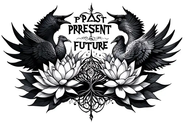 "PAST PRESENT FUTURE" phoenixes rebirth lotus flowers awakening and tree of life interconnectedness tattoo design idea
