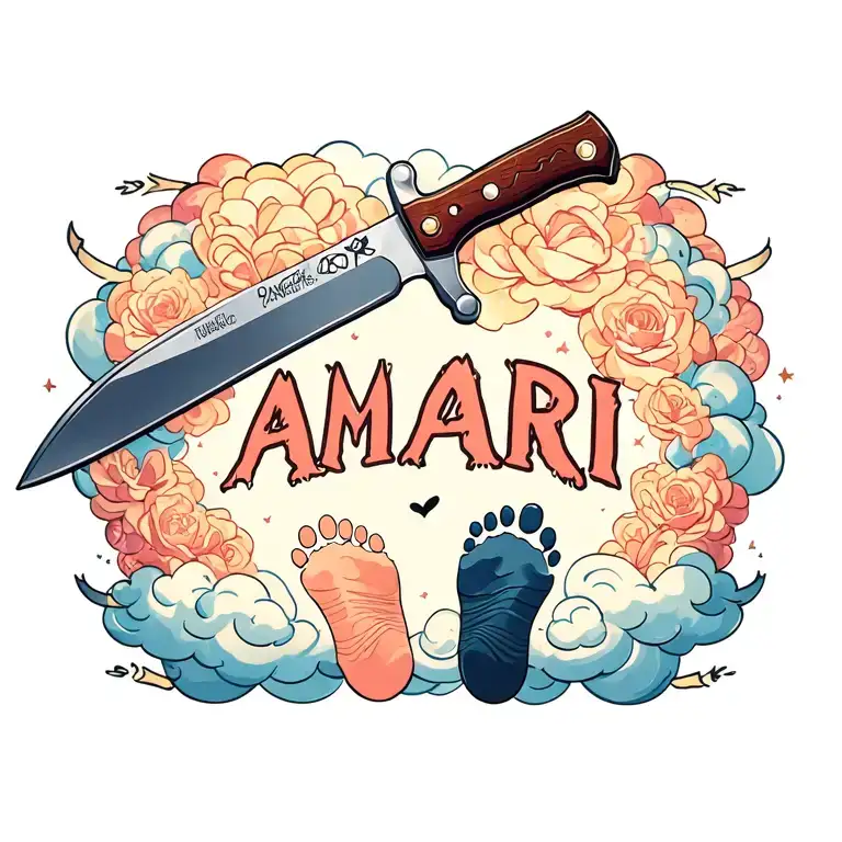 Knife like a cross surrounded with clouds and footprint of baby and a name AMARI tattoo design idea