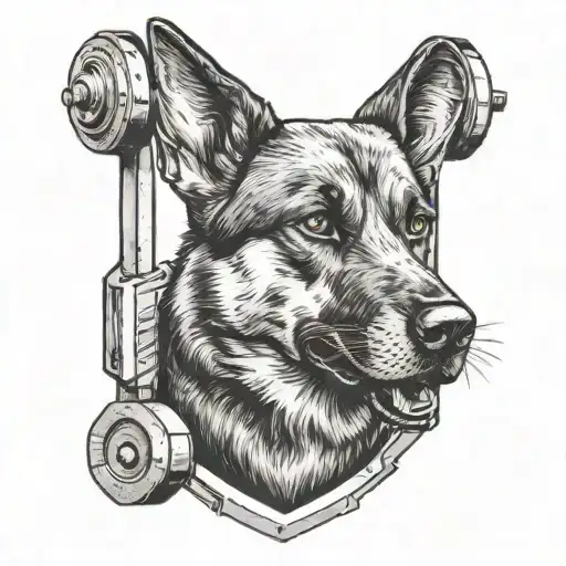 A black and grey tattoo of a police dog with a barbell in its mouth at the gym tattoo design idea
