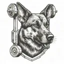 A black and grey tattoo of a police dog with a barbell in its mouth at the gym tattoo design idea