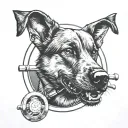 A black and grey tattoo of a police dog with a barbell in its mouth at the gym tattoo design idea