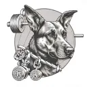 A black and grey tattoo of a police dog with a barbell in its mouth at the gym tattoo design idea