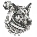 A black and grey tattoo of a police dog with a barbell in its mouth at the gym tattoo design idea