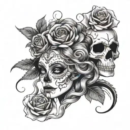 Medusa beside a Sugar Skull with roses and Maleficent in a bed of flowers tattoo design idea
