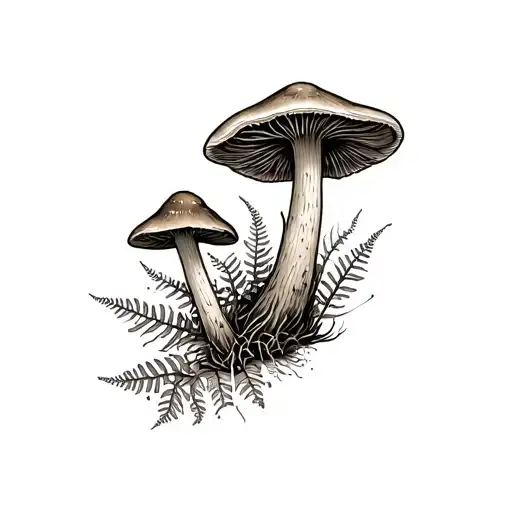 morel mushroom, chanterelles mushroom, lions mane mushrooms with ferns tattoo design idea