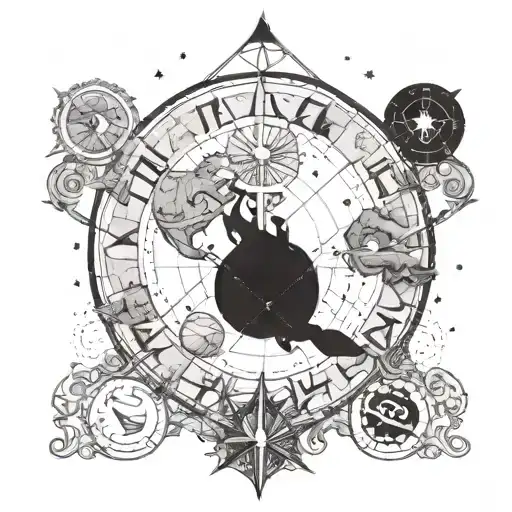 A mystical depiction of the equator and the international date line merging together, with celestial elements and sea creatures surrounding them tattoo design idea