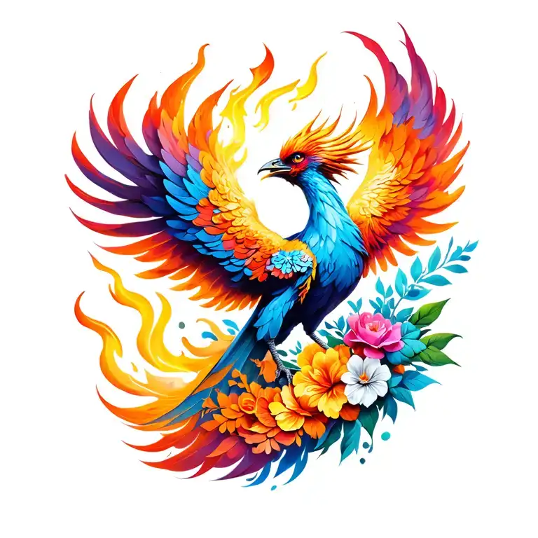 Feminine pheonix with fire and flowers tattoo design idea