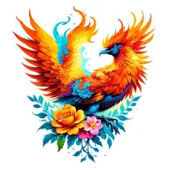 Feminine pheonix with fire and flowers tattoo design idea
