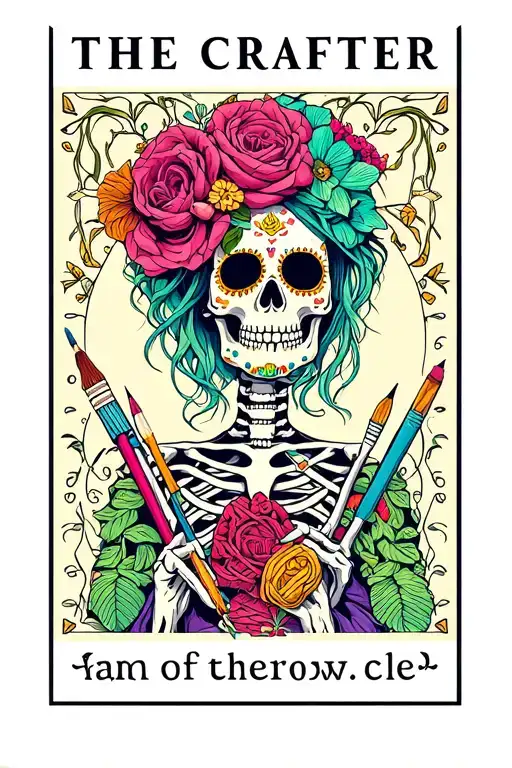 "The Crafter" tarot card design featuring female day of the dead skeleton crafting materials like crochet hook  tattoo design idea