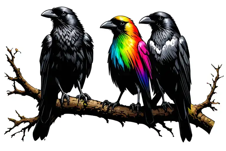 3 crows all black and 1 in rainbow colours. Shilloette sitting on a tree branch in the style of the sandman comic.  tattoo design idea