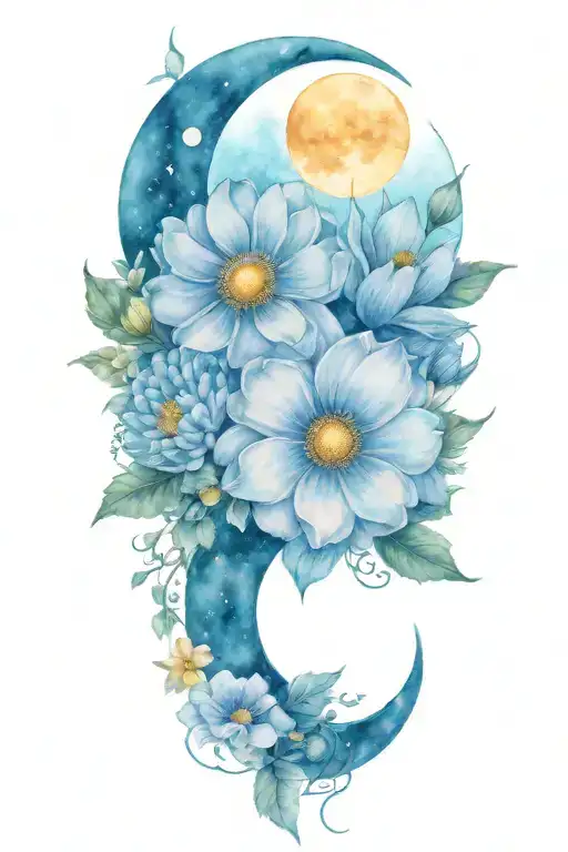 An intricate tattoo of a boquet of roses, daisys, and cosmos flowers intertwined with the three moon phases tattoo design idea