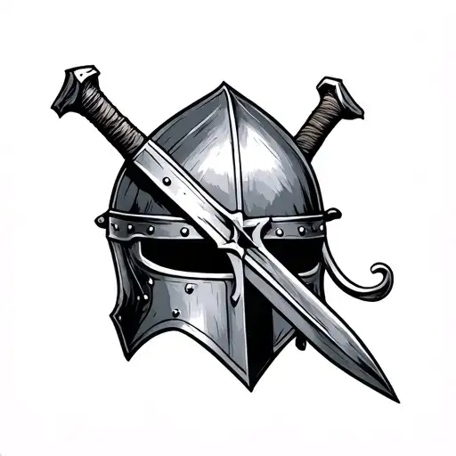 Crusader  helmet and two handed sword black and white sketch outlines minimalistic tattoo design idea