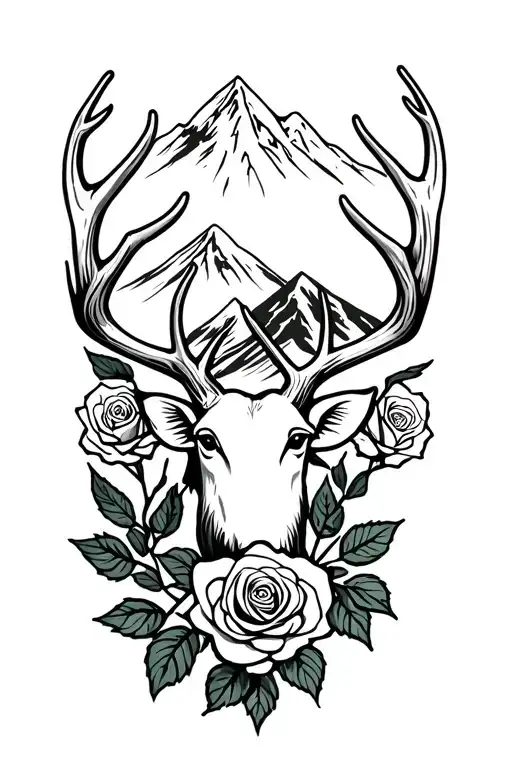 dear hed with 2 roses and a mountain behind the antlers  tattoo design idea