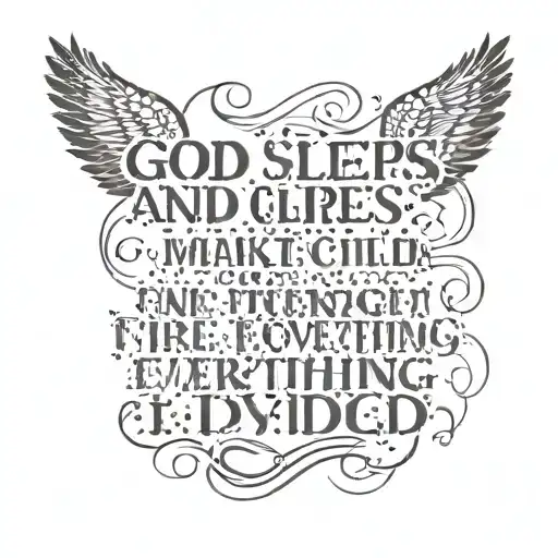 text: "God sleeps And children make fire They never put it out So that it cannot wake up Everything divides Tragedy in front of Love: tattoo design idea