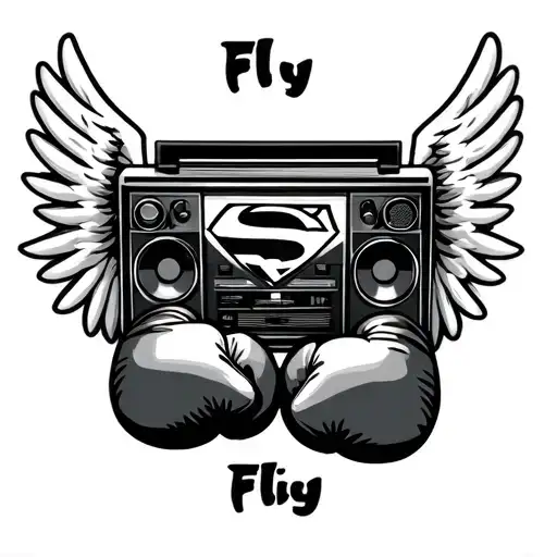 "Fly High "Superman" "  boom box with boxing gloves on each side surrounded by wings  tattoo design idea