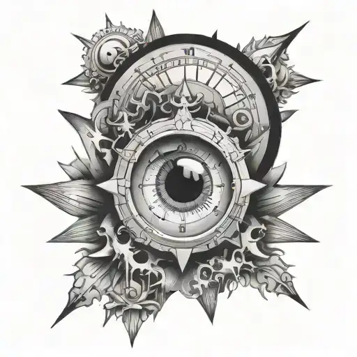 crying eye in a large working clock that explodes with an imposing polar star above tattoo design idea