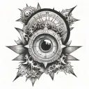 crying eye in a large working clock that explodes with an imposing polar star above tattoo design idea