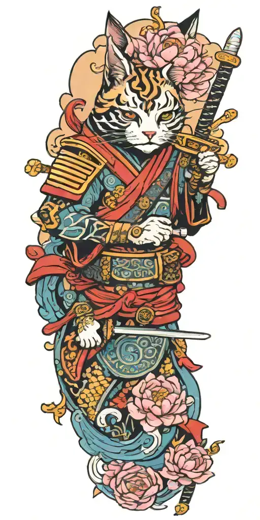 samurai cat holding a katana, water, lotus, sakura, peony, clouds tattoo design idea