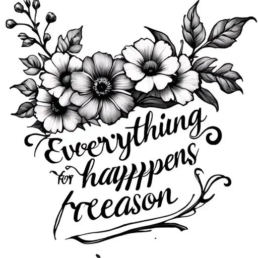 Spine tattoo with flowers at the top and the stem turns into cursive and says “everything happens for a reason” tattoo design idea