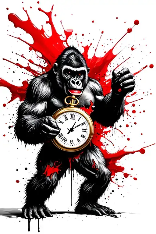 evil gorilla holding a broken pocket watch tattoo design idea