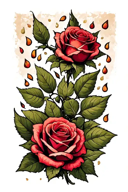 roses with falling peddle leafs with names tattoo design idea