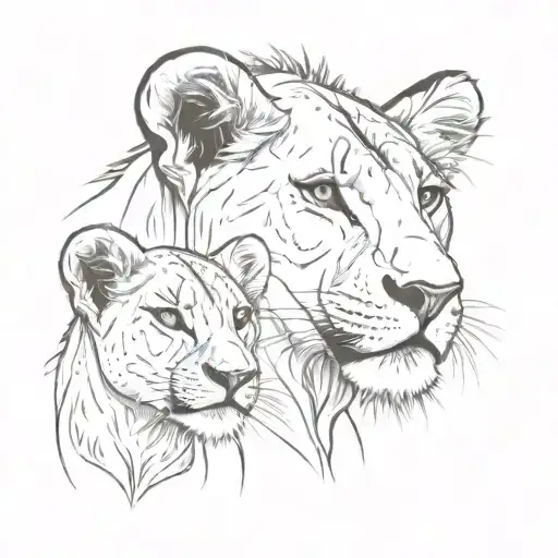 lioness 3 lion cubs in profile tattoo design idea