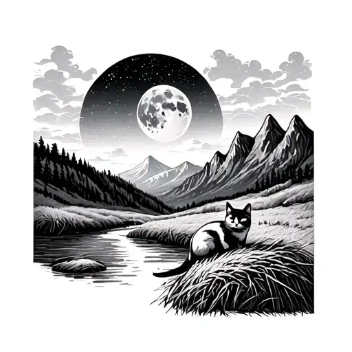  hay clearing with a mountain cat and a full moon with gemini constelation in the sky and mountain and a river  tattoo design idea