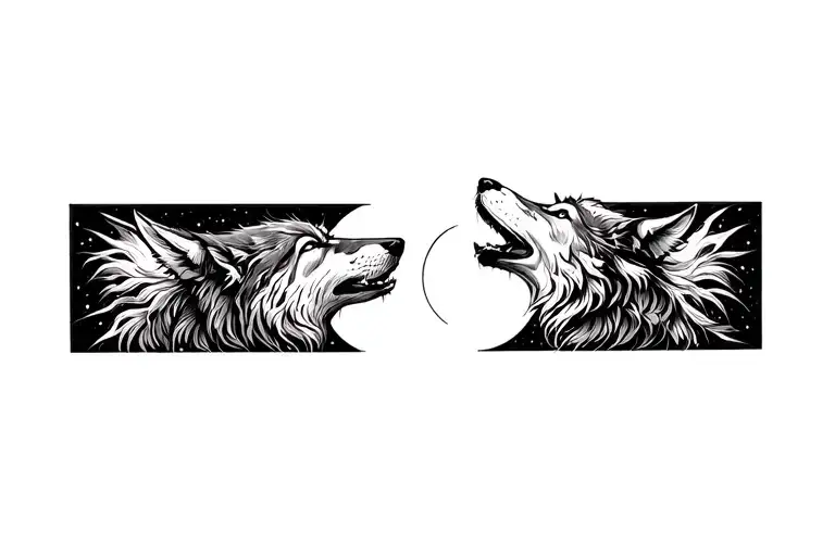 “Bracelet-style tattoo design around upper arm, a wolf howling at a crescent moon, fine-line black and grey realism, sli tattoo design idea