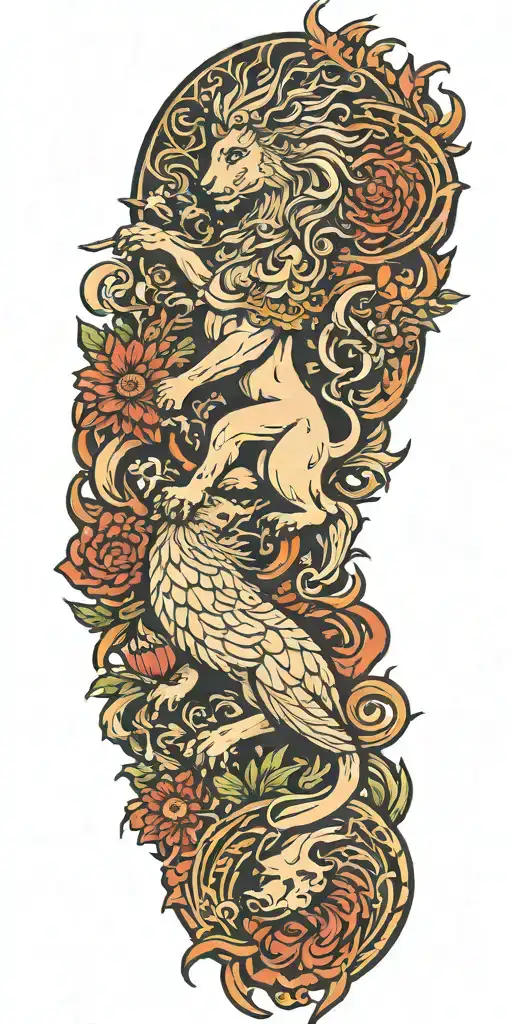 Scottish Rampant Lion Tattoo with greek godess surrounded by doves and thistles tattoo design idea