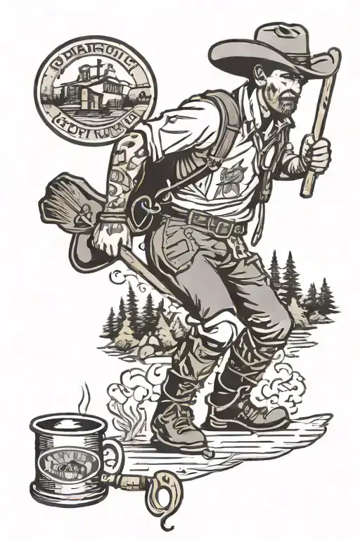 hockey player, hiking land, cowboy hat, Tim Hortons coffee cup in hand  tattoo design idea