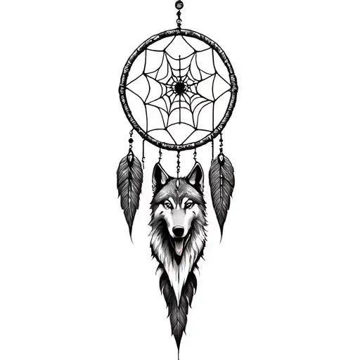 A gothic dream catcher incorporating spider webs and a wolf tattoo design idea