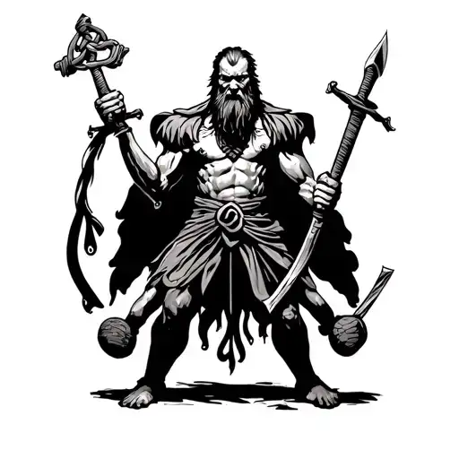 A four-armed man is depicted, with one arm holding a hangman's knot, the other a sword, the third a cudgel, and the four tattoo design idea