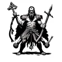 A four-armed man is depicted, with one arm holding a hangman's knot, the other a sword, the third a cudgel, and the four tattoo design idea