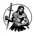 A four-armed man is depicted, with one arm holding a hangman's knot, the other a sword, the third a cudgel, and the four tattoo design idea