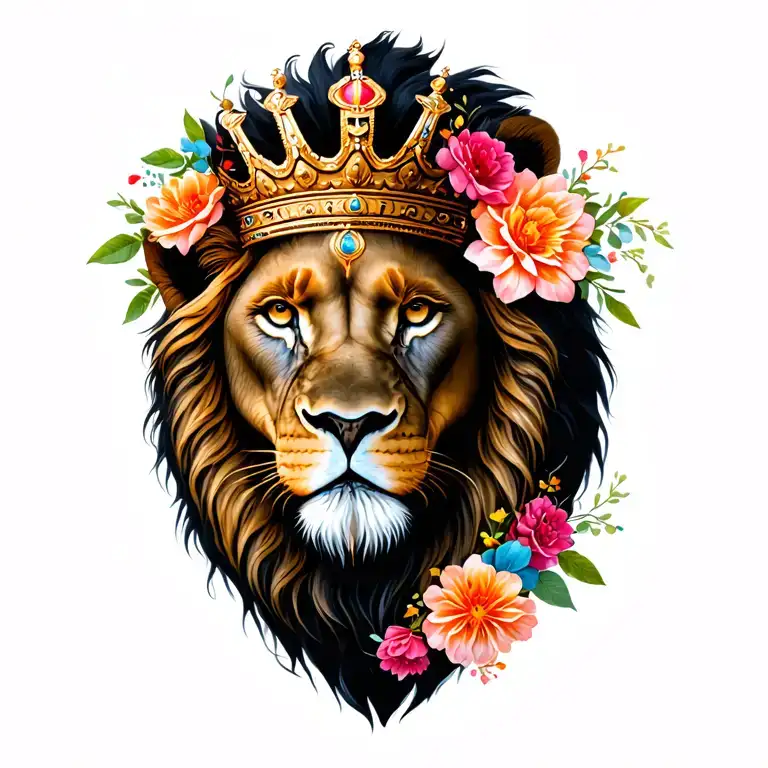 lion of judha with crown and flowers tattoo design idea