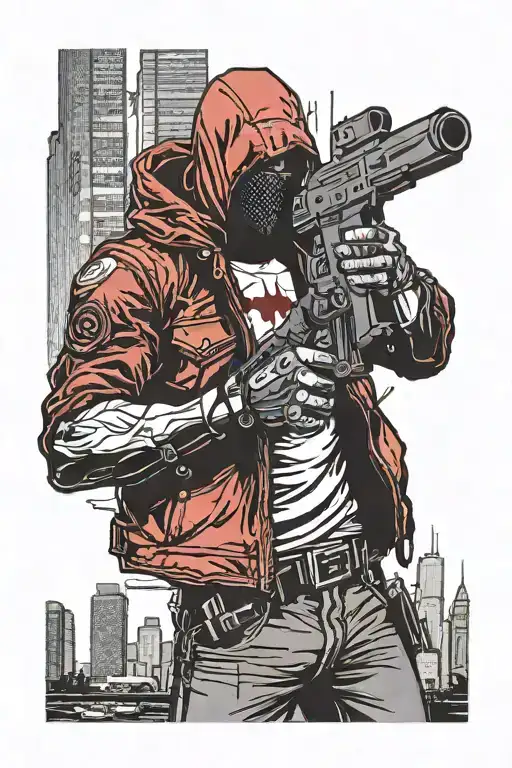 Red hood holding a gun in one hand in city skyline in the background tattoo design idea