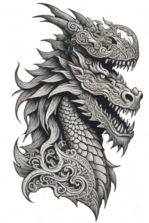 Dragon with Indian head profile holding tattoo design idea