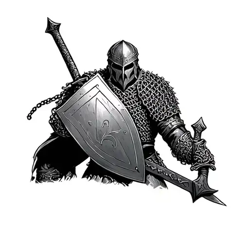 Russian warrior in chain mail with a sword and shield tattoo design idea