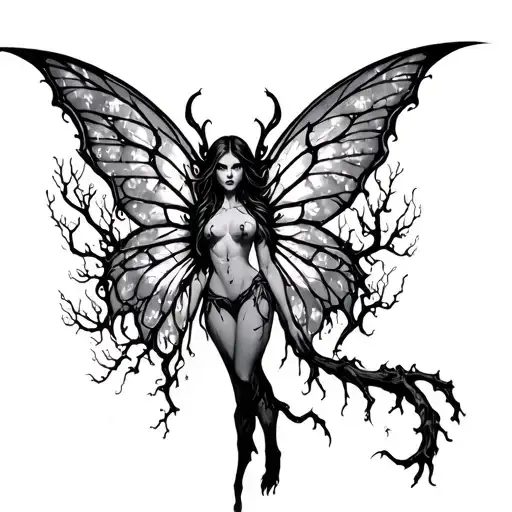 evil fairy with trees, cyber sigilism tattoo tattoo design idea