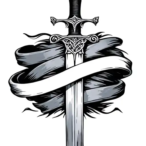 old Irish sword with Gaelic design down the blade, banner wrapped around the sword tattoo design idea