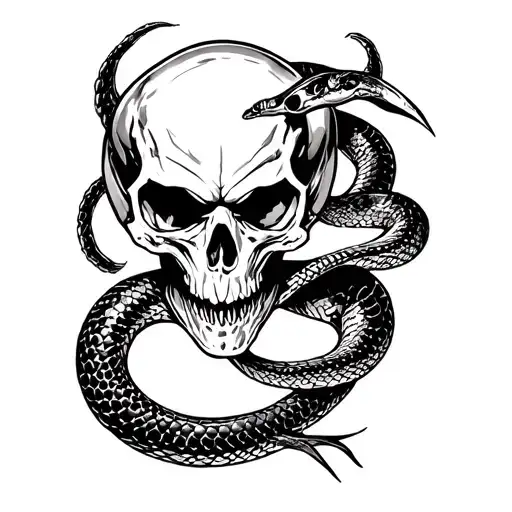 skull with evil snake tattoo design combining elements tattoo design idea