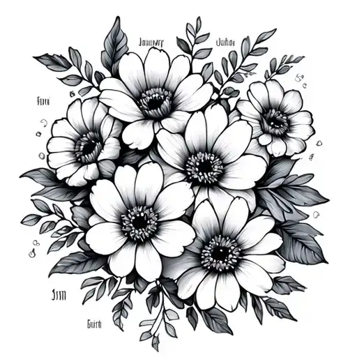 January, February, March, august, December birth month big flowers with names worrten in line work tattoo design idea