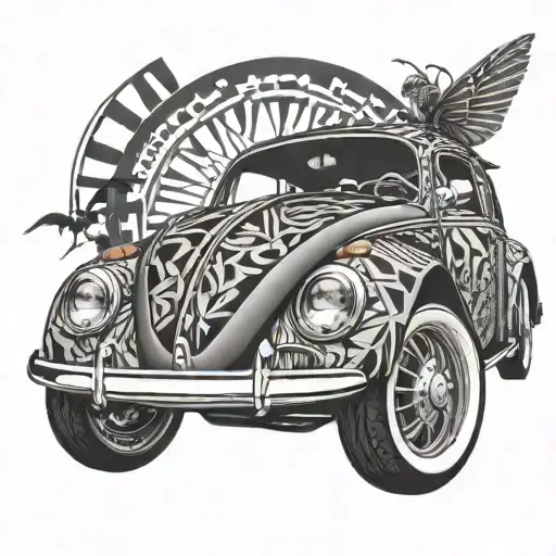 Volkswagen beetle surrounded by intricate geometric tattoo design idea