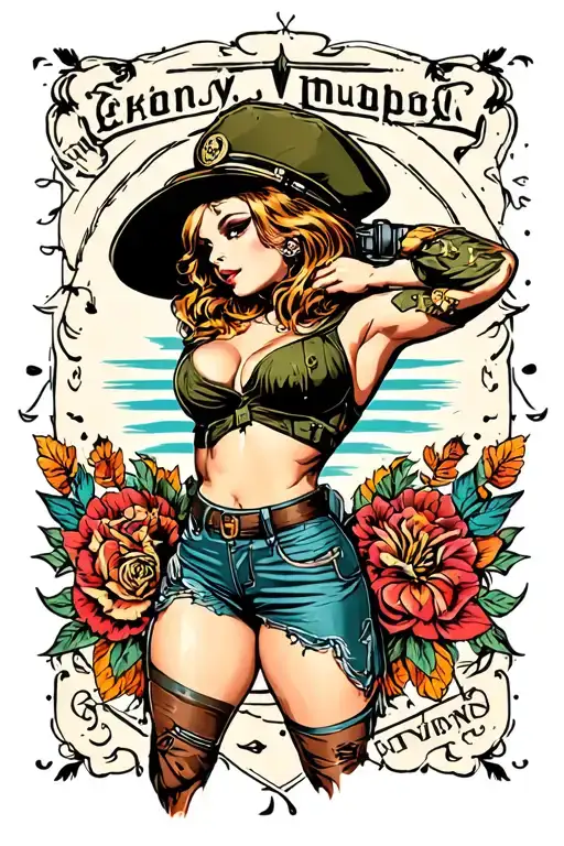 Sexy pin up girl, side profile, full body view, standing, petite, large boobs, Army hat tattoo design idea