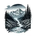 signalgram audio message, mountains and rushing river in the background tattoo design idea