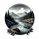 signalgram audio message, mountains and rushing river in the background tattoo design idea